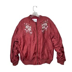 Pink Satin Bomber Jacket Floral Embellished Full Front Zip Pockets Womens Medium